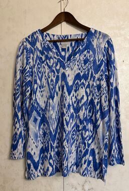 Chicos 2 Coastal Grandma Resort Cruise Wear Boho Chic Blue Ikat Linen Knit Tunic